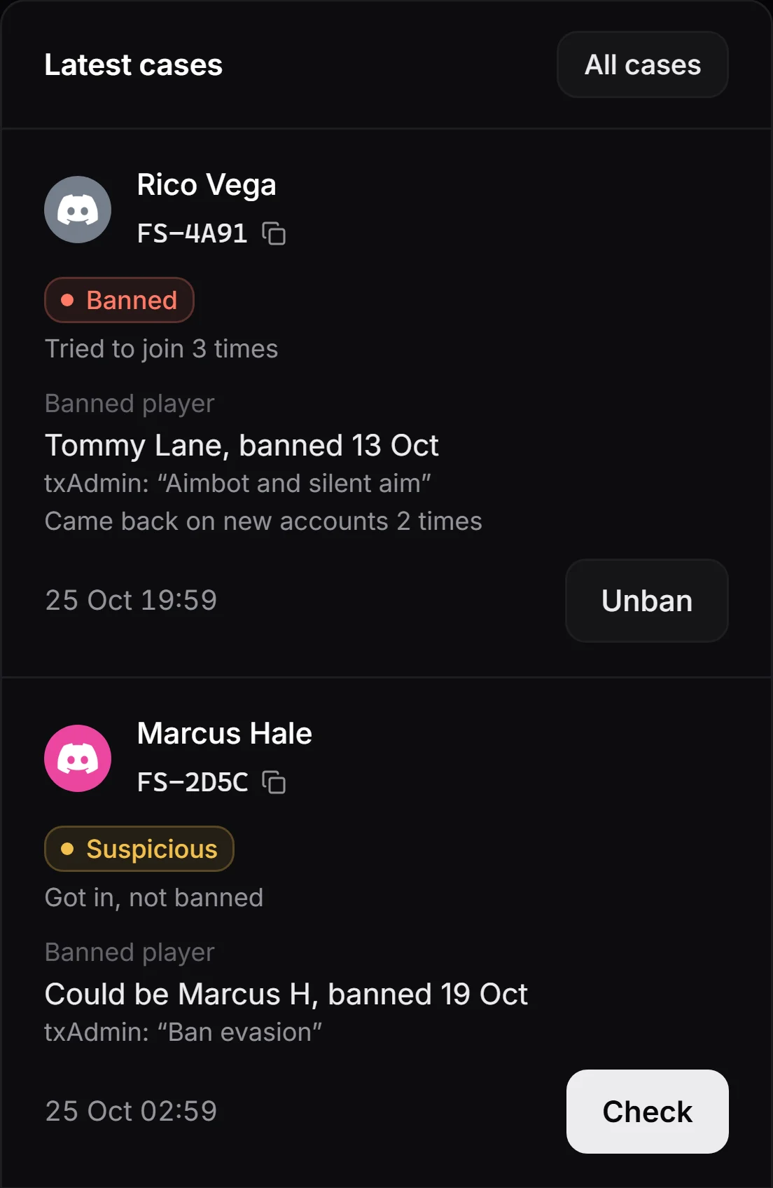 The latest cases in the FiveSpoof account on a phone: Rico Vega banned, with the banned player he is the same person as and a button to let him in, and Marcus Hale suspicious, with the banned player he could be and a Check button.