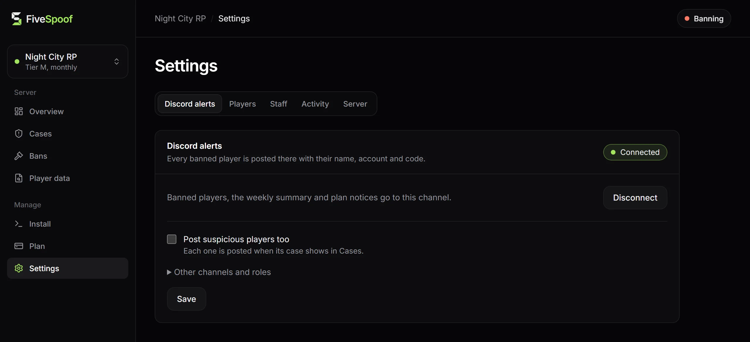 The Settings view in the FiveSpoof account, with the tabs Discord alerts, Players, Staff, Activity and Server.